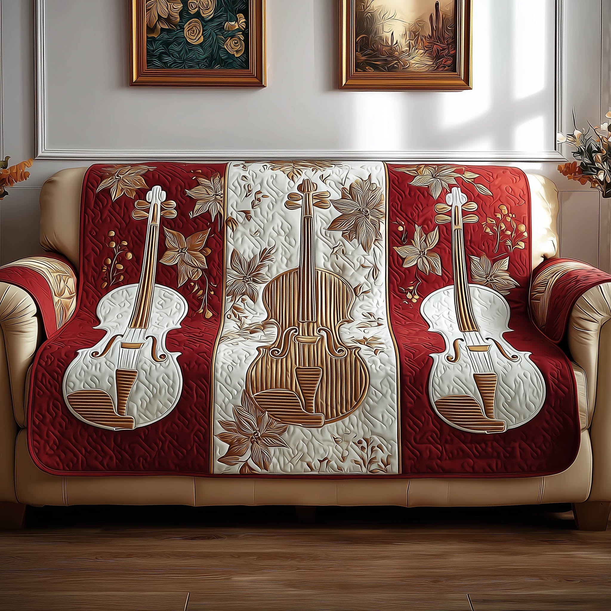 Violin Harmony Quilted Sofa Cover Symphony Fiddle Christmas Cover Gift Ideas For Violin Players
