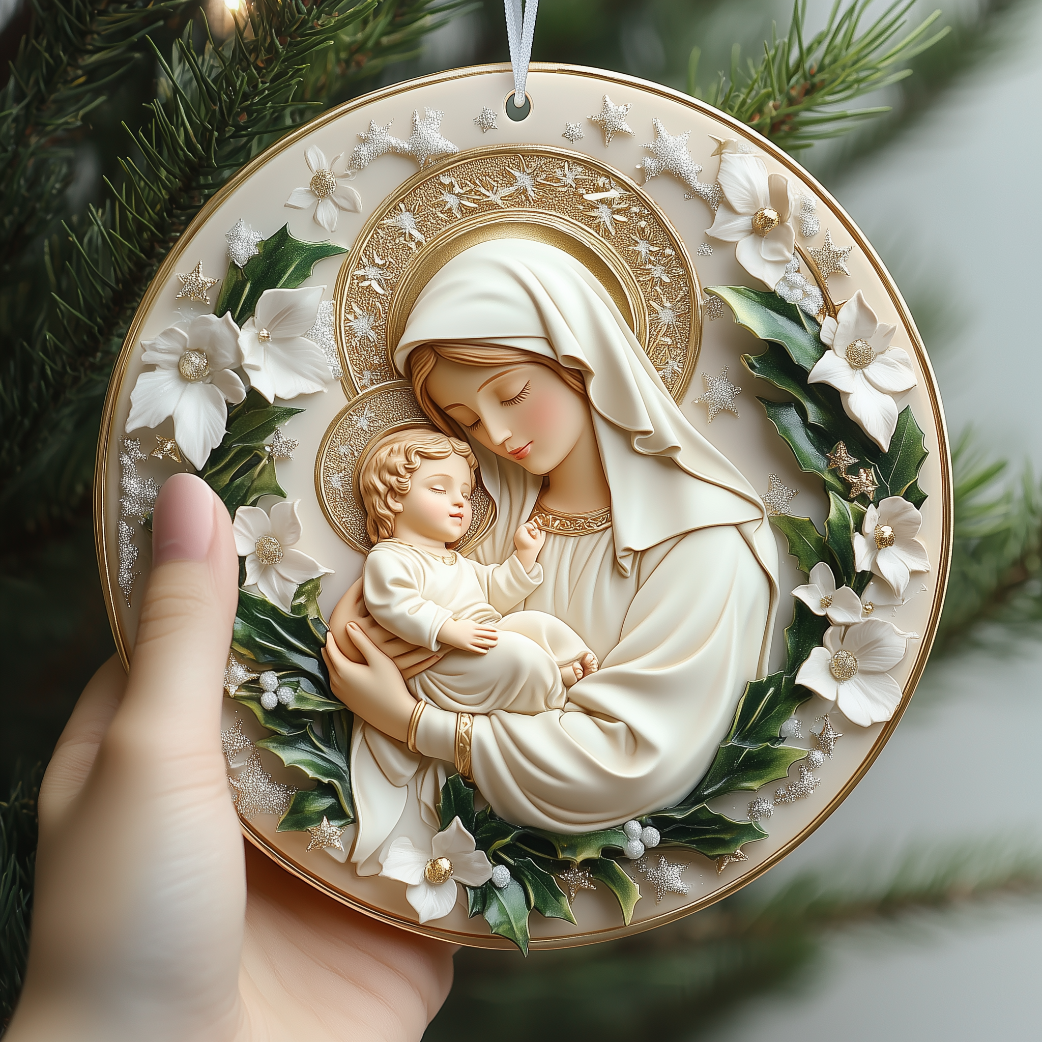 Virgin Mary And Baby Jesus Mica Ornament Blessed Holy Family Christmas Ornament Beautiful Home Decor