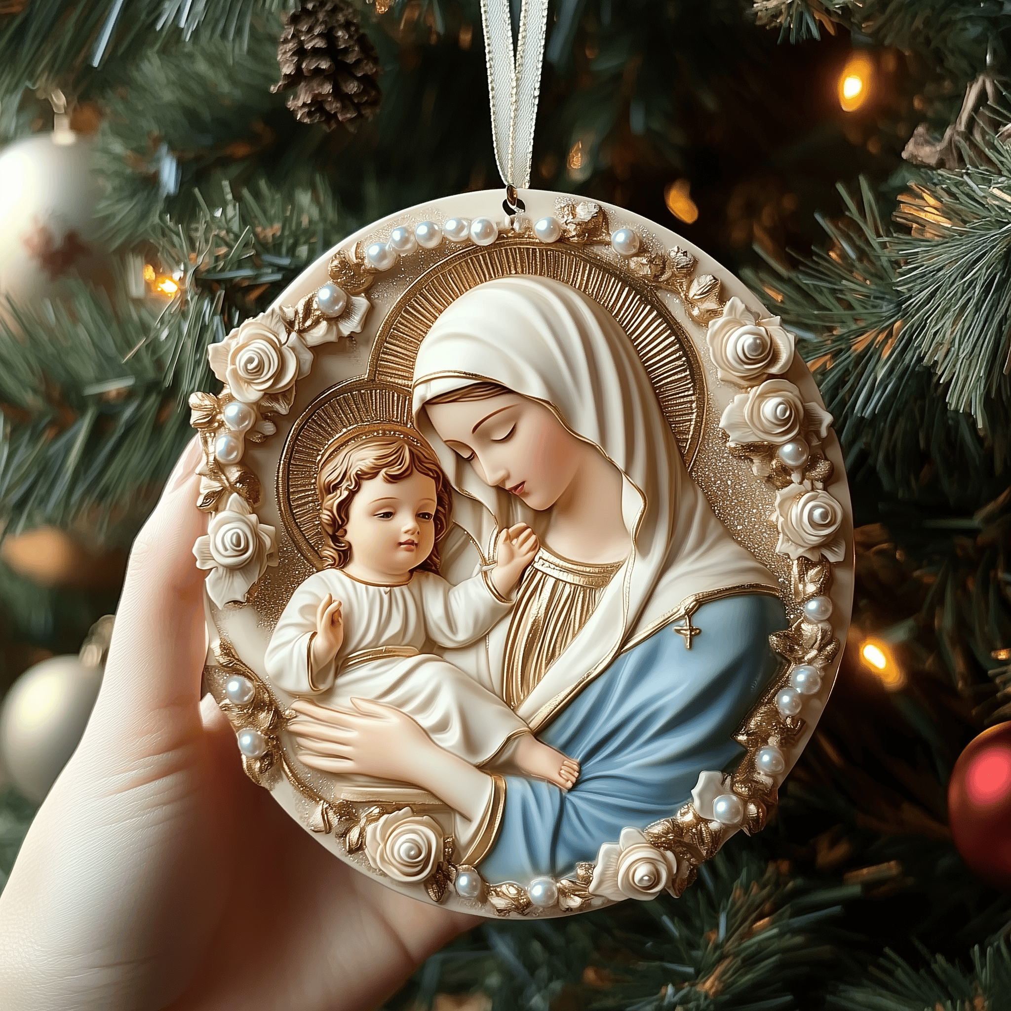 Virgin Mary And Baby Jesus Mica Ornament Bring Joy to Family Moments with Our Holiday Ornaments