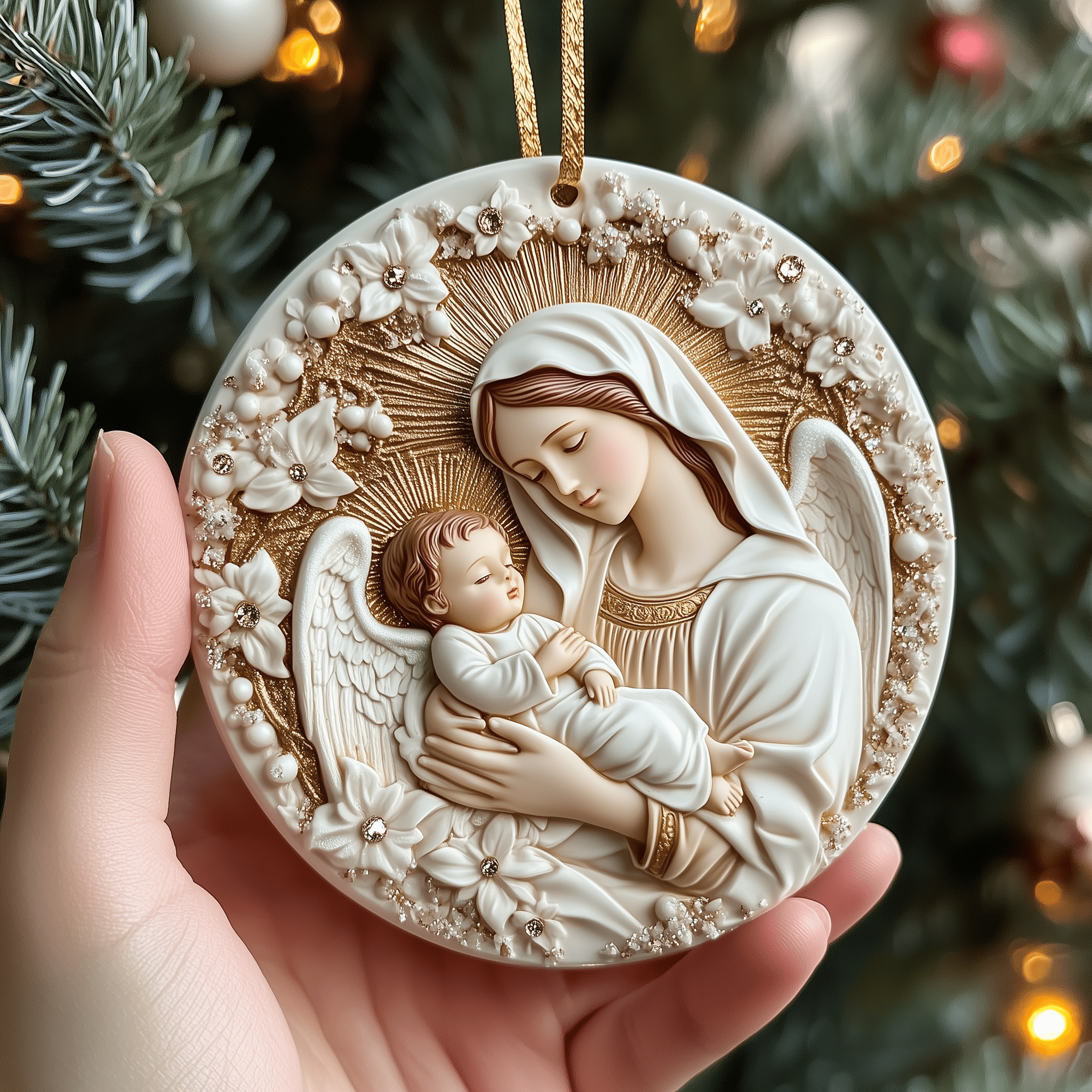 Virgin Mary And Baby Jesus Mica Ornament Feel the Magic of Family Gatherings with Special Ornaments