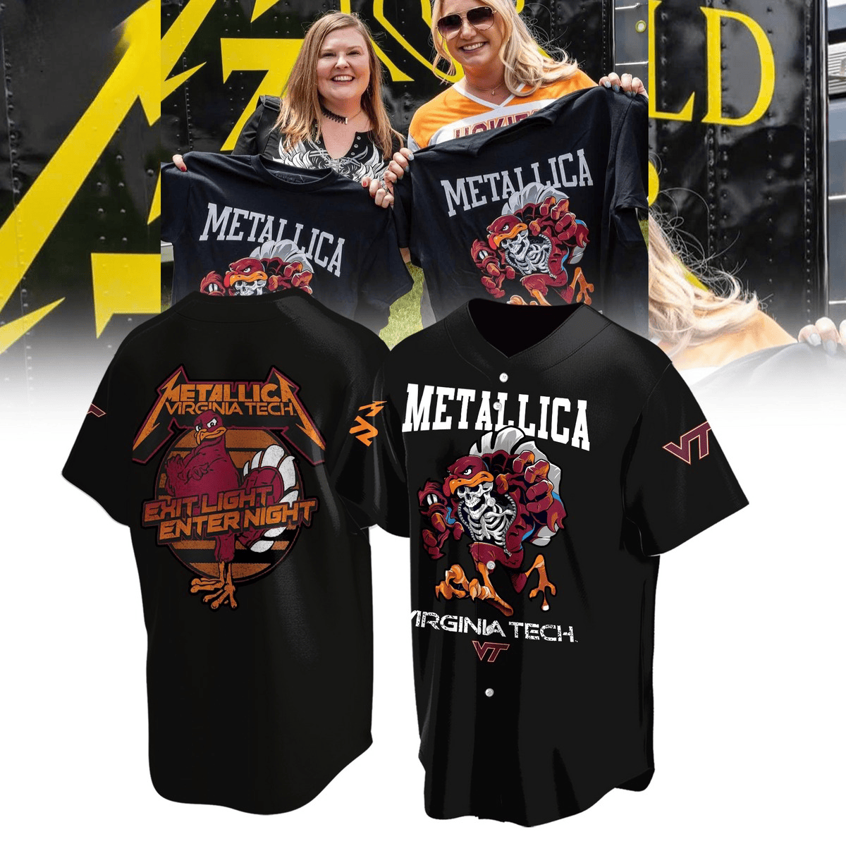 Virginia Tech Hokies Metallica Exit Light Enter Night Baseball Jersey Cool Gifts For Music Lovers