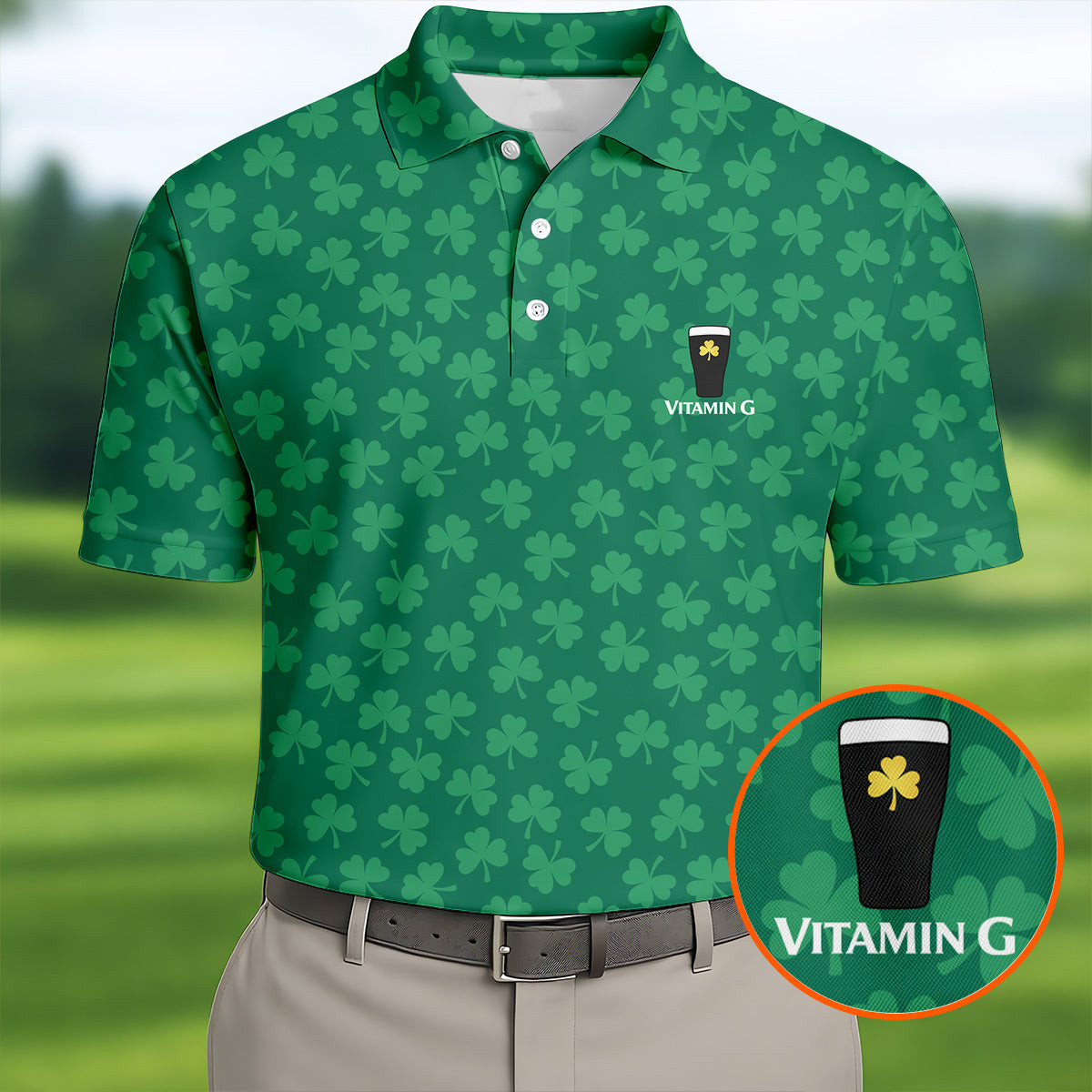Vitamin G Shamrock Pattern Golf And Beer Polo Shirt Golf Apparel Dad Birthday Gift