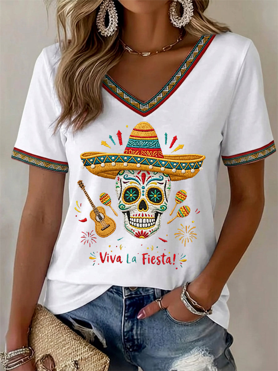 Viva La Fiesta Skeleton V-Neck Shirt Festival Clothing Gifts For American Mexican