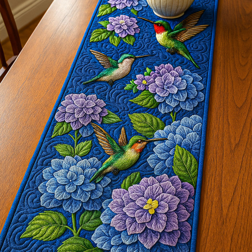 Vivid Bloom Quilted Table Runner Dining Room Table Decor Hummingbird Themed Gifts