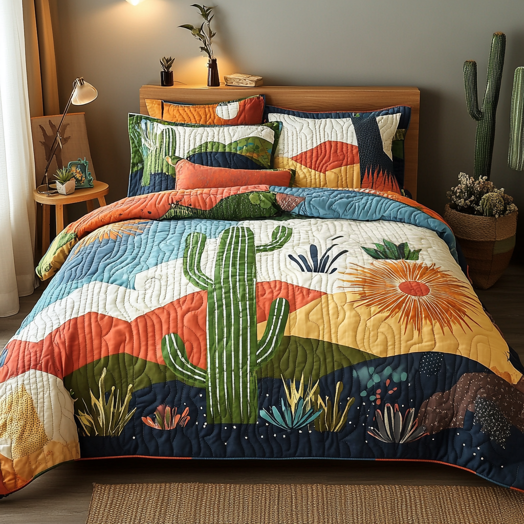 Vivid Cactus Haven Quilted Bedding Set Soft and Cozy Bedding Set for Comfortable Sleep