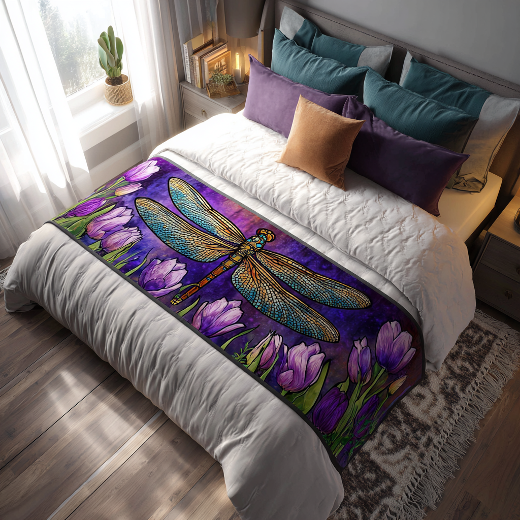 Vivid Dragonfly Quilted Bed Runner Cozy Bedroom Decor Unique Dragonfly Gifts