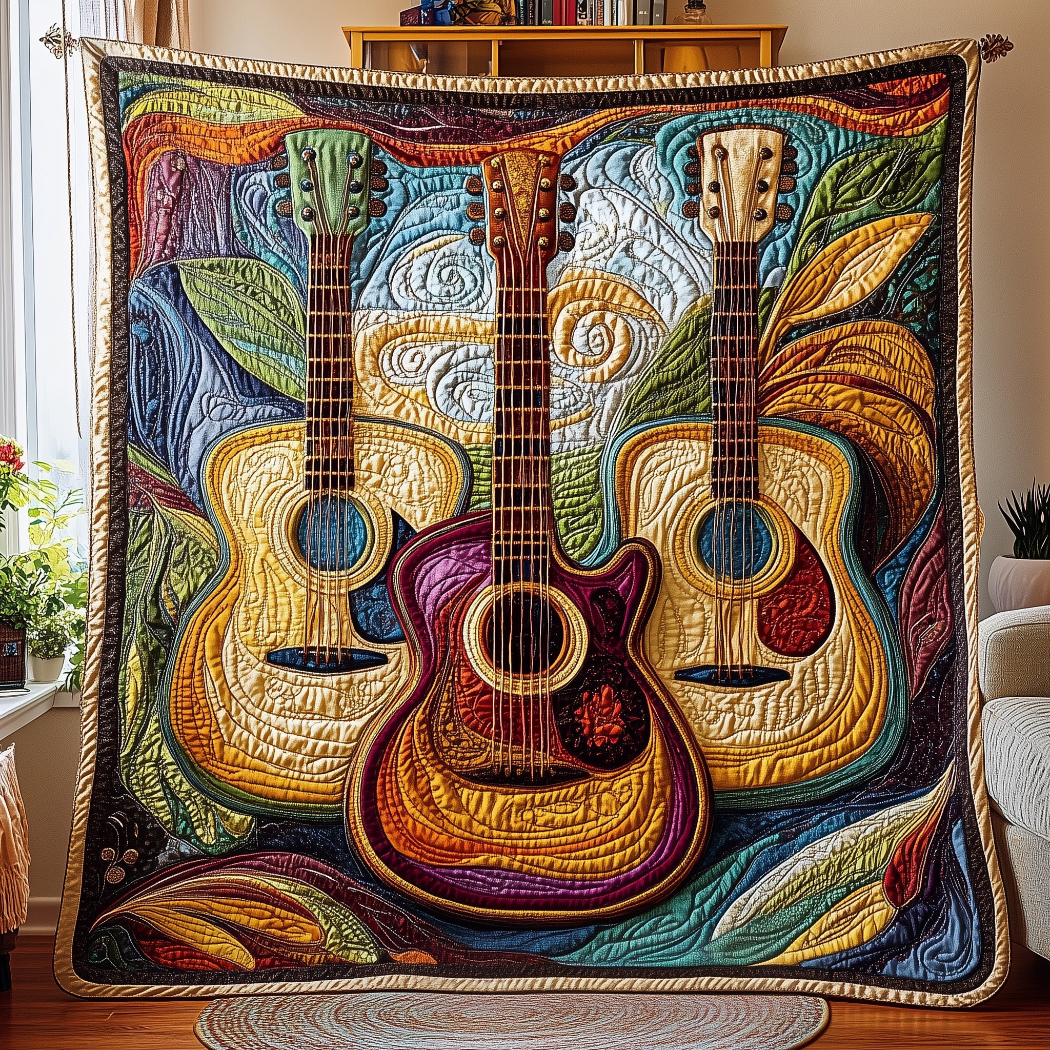 Vivid Melodies Quilted Blanket Cute Cozy BlanketGift Ideas For Guitar Lovers