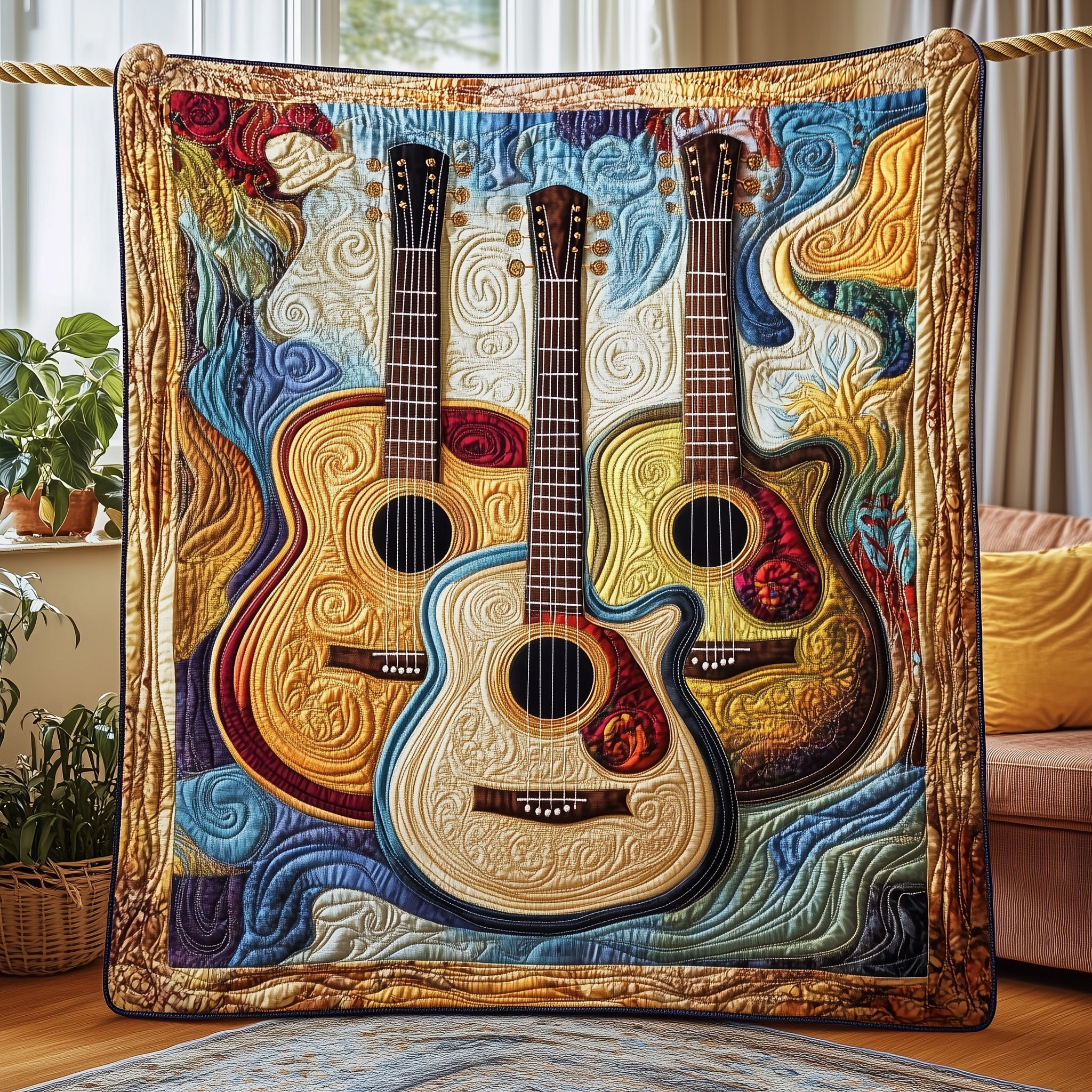 Vivid Melodies Quilted Blanket Cute Cozy BlanketGifts For Young Guitar Players