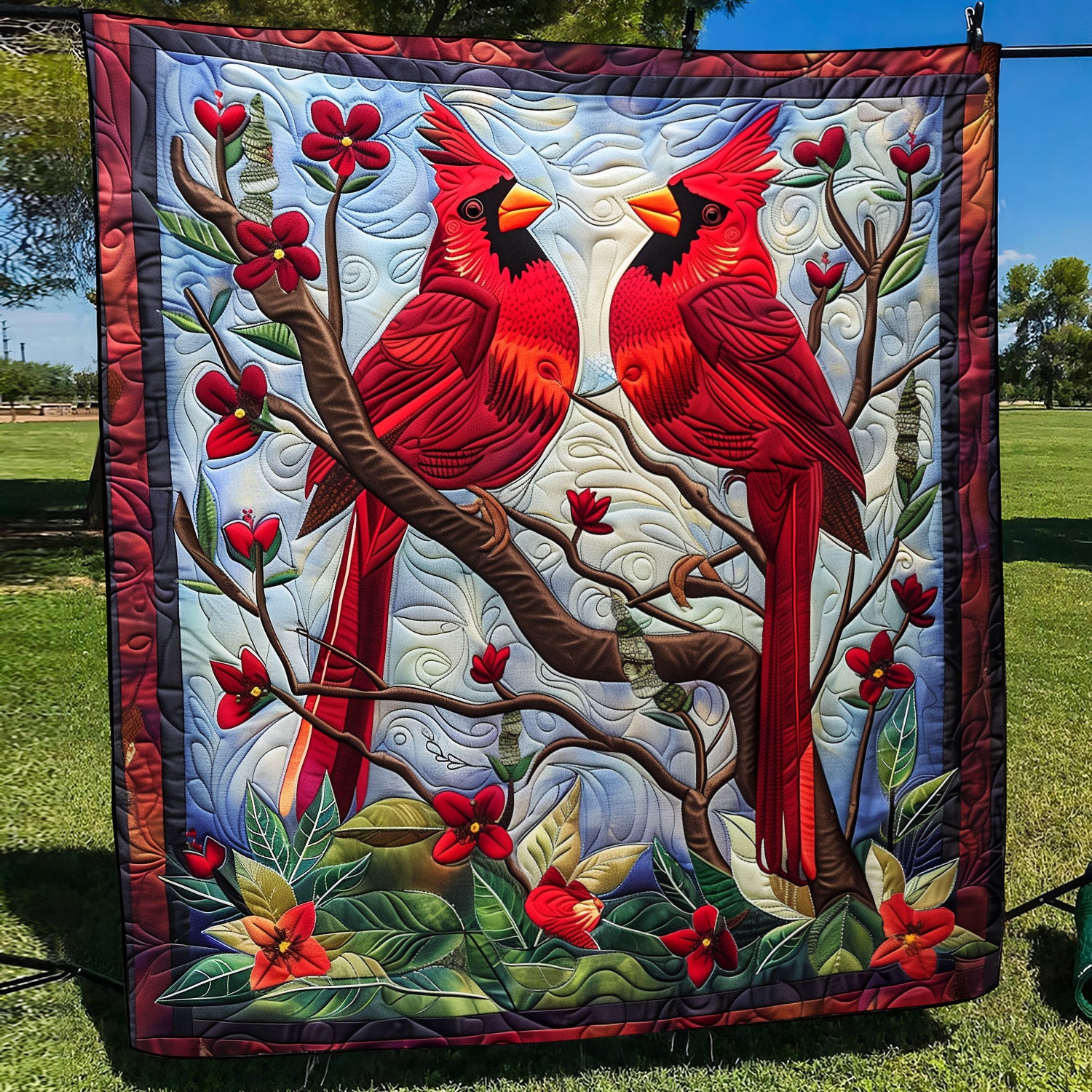 Vivid Vermilion Quilted Blanket Unique Cardinal Bird Gifts