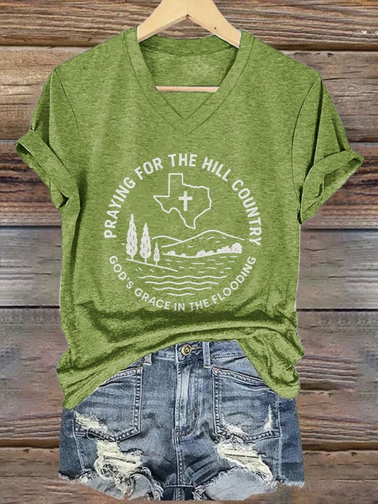 Vneck Retro Texas Strong Praying For The Hill Country Gods Grace In The Flooding Print Tshirt Merch Gift For The Ones Who Hold On