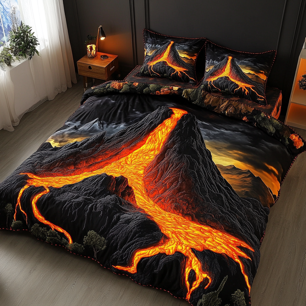 Volcano Adventure Quilted Bedding Set Best Bedspread Set Best Gifts For Nature Lovers
