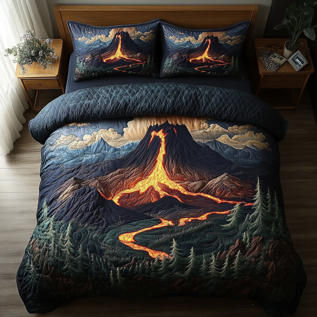 Volcano Horizon Quilted Bedding Set Unique Bed Sheet Set Presents For Nature Lovers