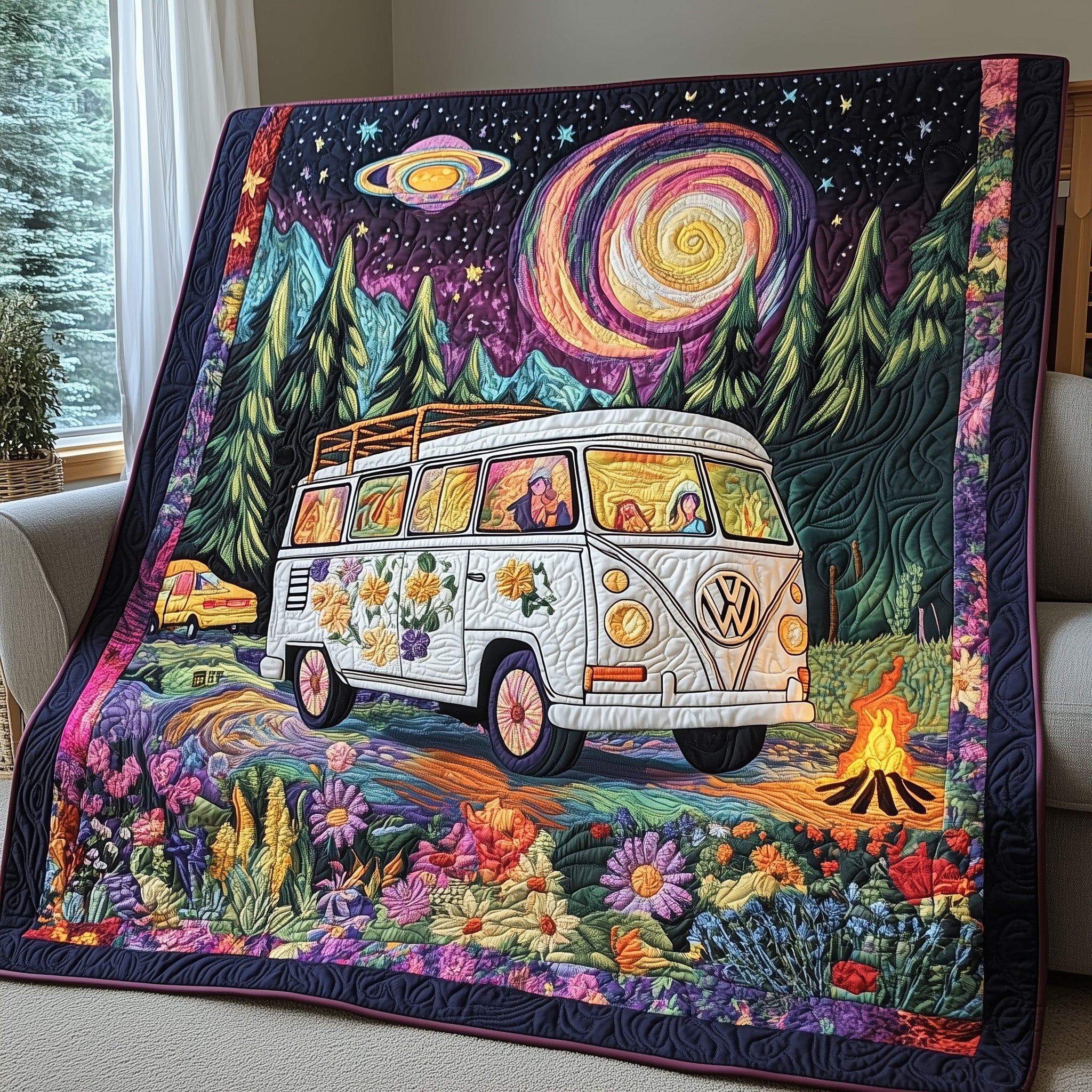 Volkswagen Van Quilted Blanket Best Couch Throw BlanketBest Gifts For Hippie Friends
