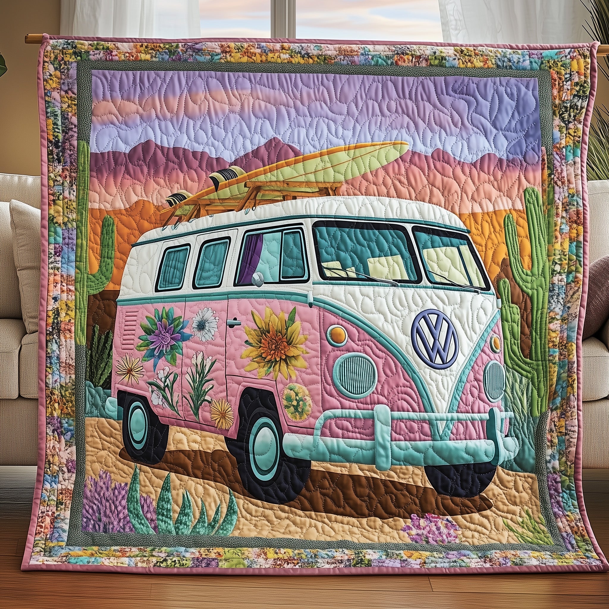 Volkswagen Van Quilted Blanket Best Couch Throw BlanketBirthday Gift For Hippie Friend