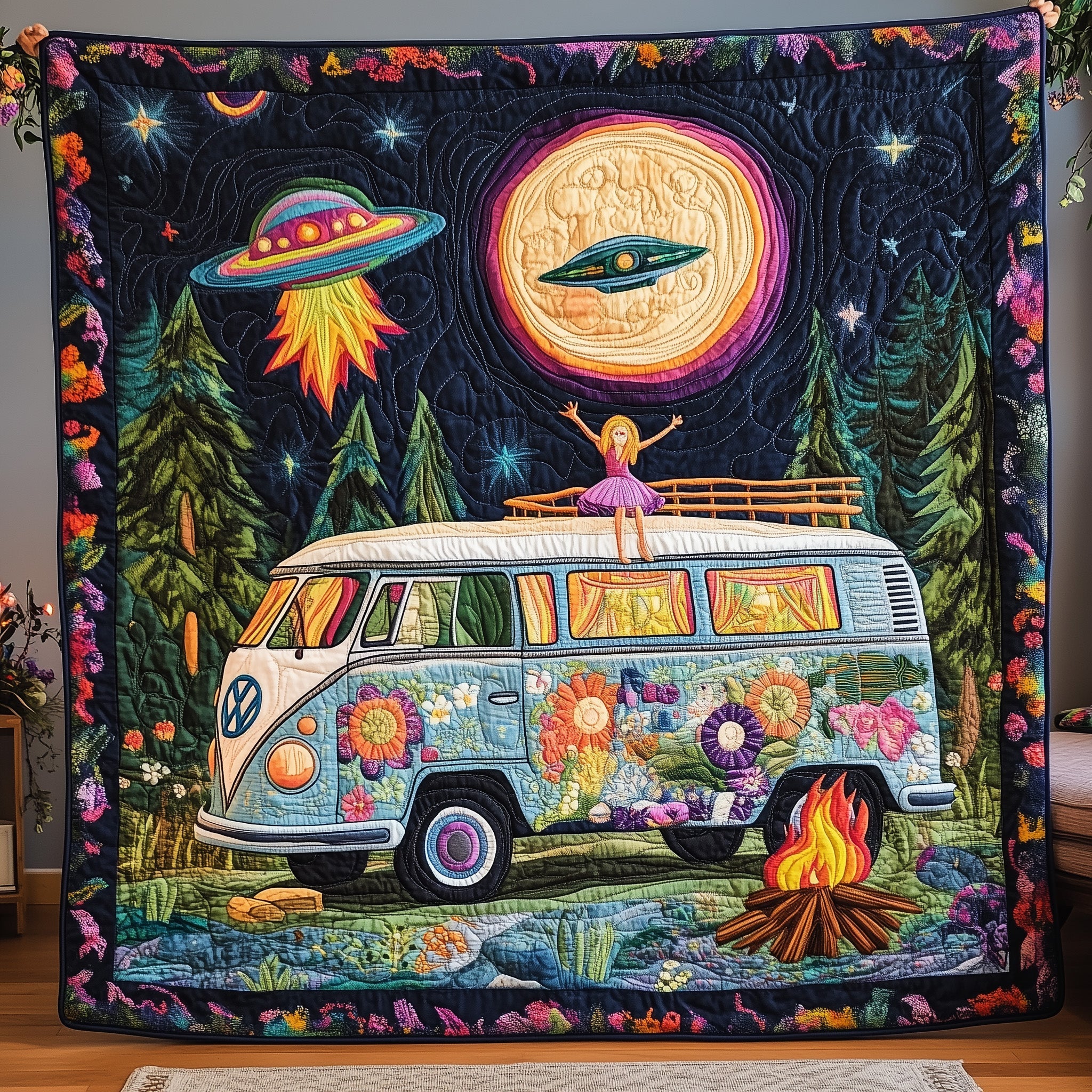 Volkswagen Van Quilted Blanket Best Couch Throw BlanketHippie Christmas Gift Ideas