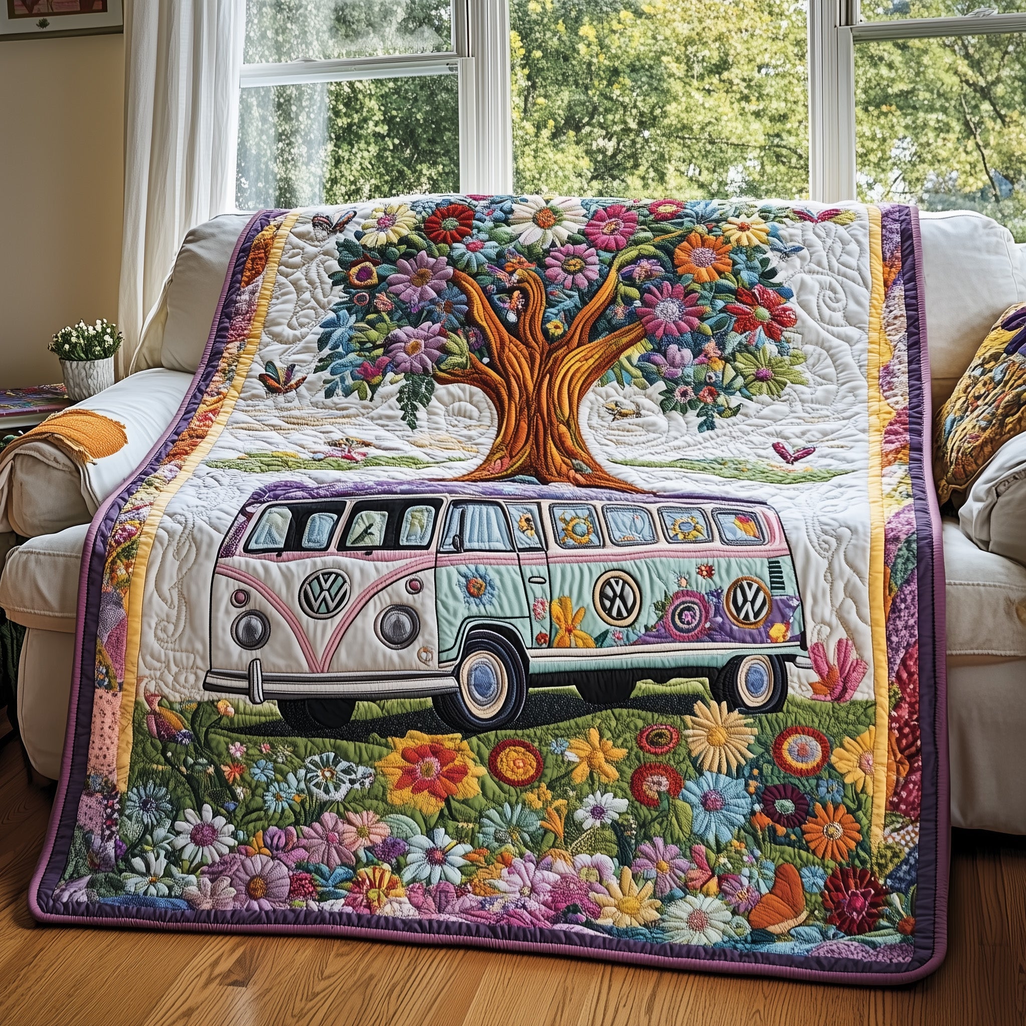 Volkswagen Van Quilted Blanket Best Couch Throw BlanketHippie Gifts For Women