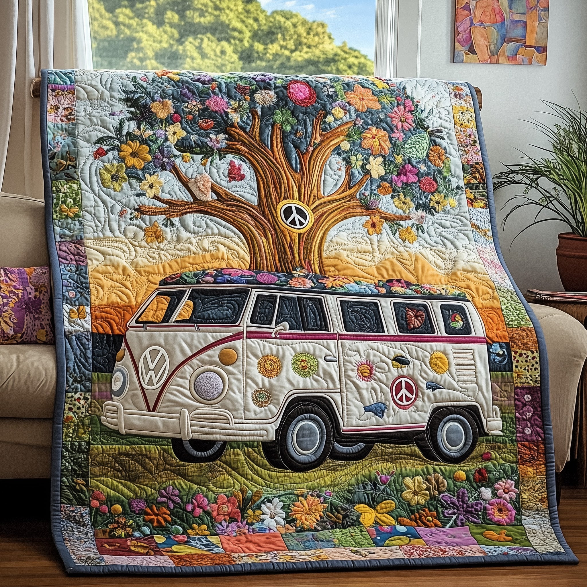 Volkswagen Van Quilted Blanket Best Couch Throw BlanketHippie Style Gifts hristmas