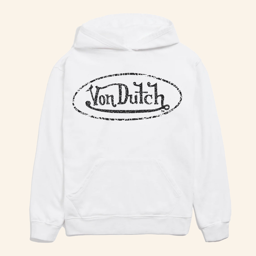 Von Dutch Merch White French Terry Washed Logo Hoodie Von Dutch Hoodie Gifts For Him