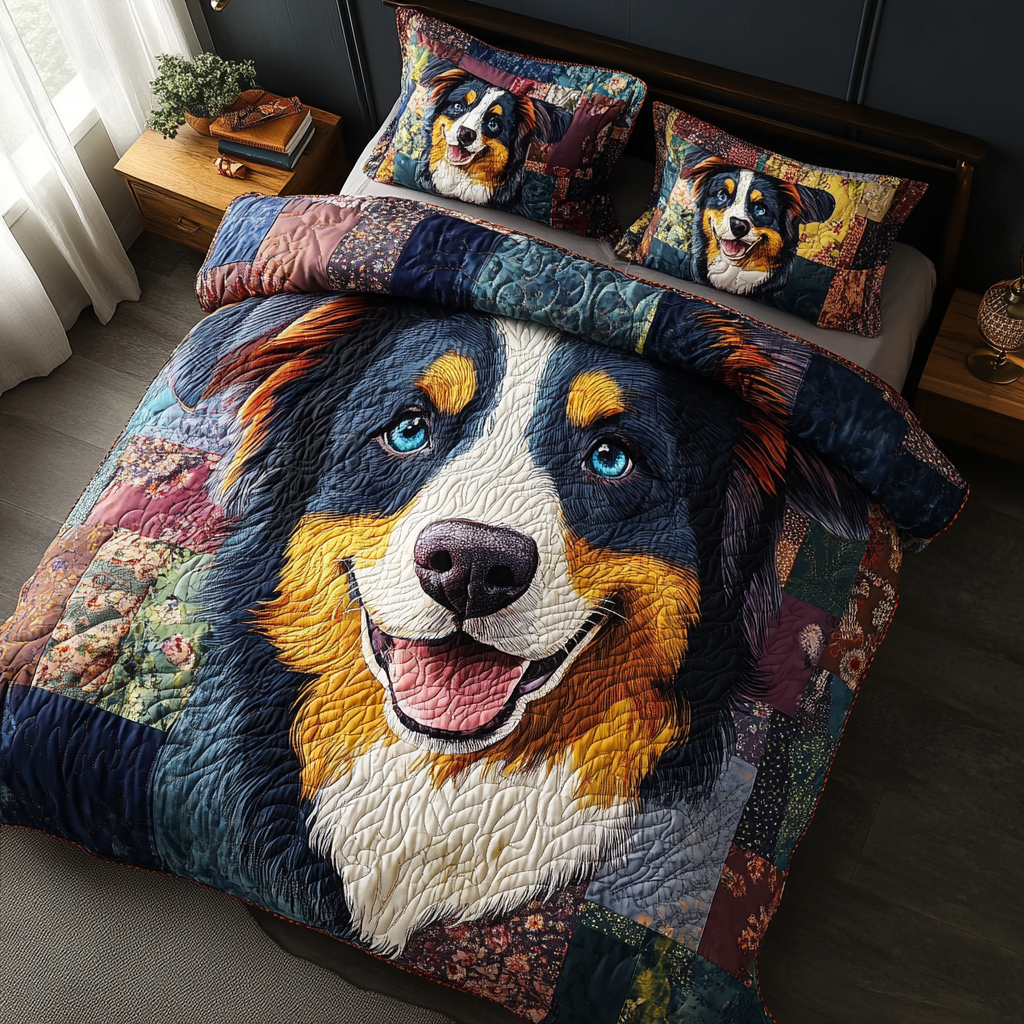 Wagging Down Under Quilted Bedding Set Holiday Duvet Covers Australian Shepherd Lover Gift
