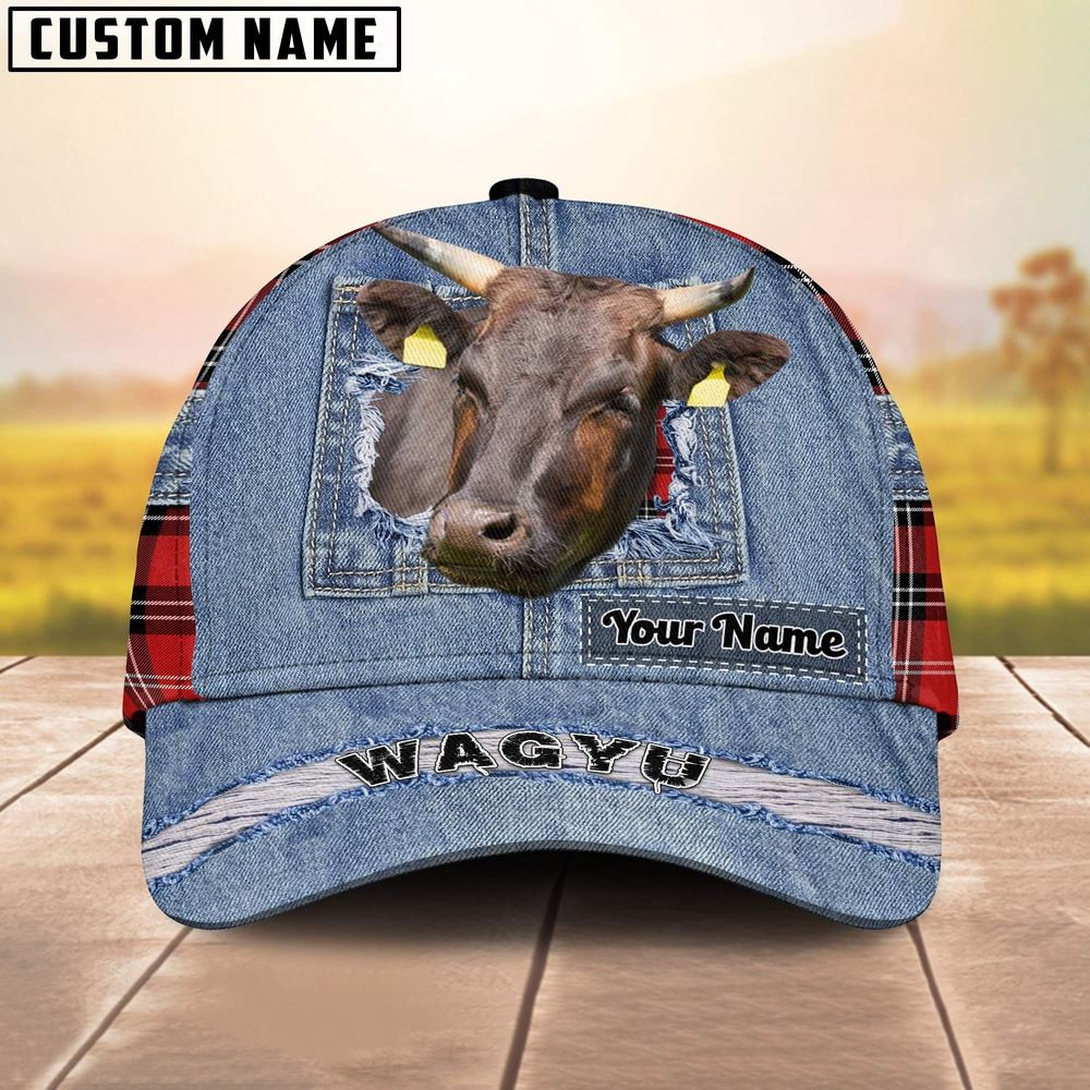 Wagyu Overall Jeans Pattern And Red Caro Pattern Customized Name Cap Gift For Farmer