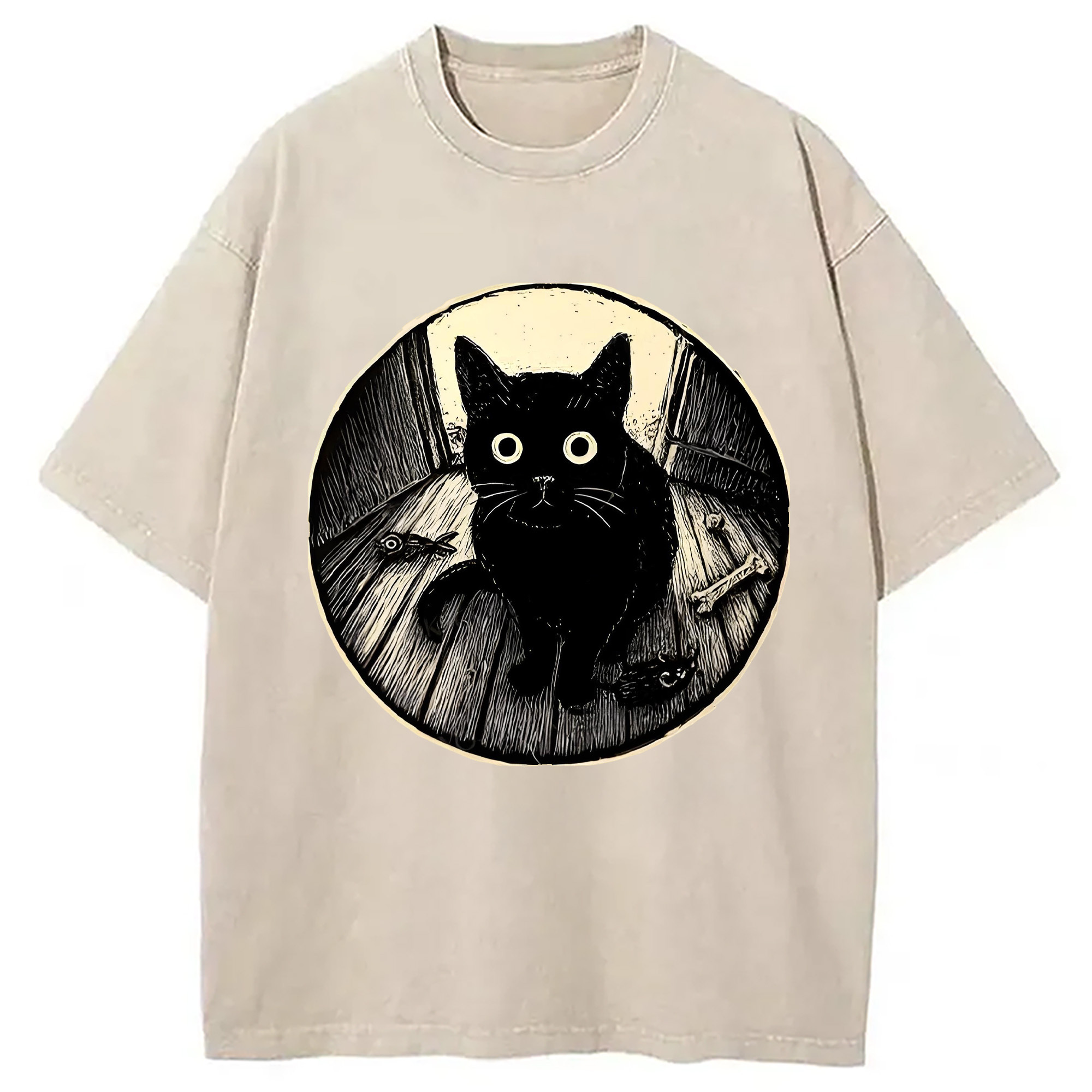 Waiting Black Cat Washed T-Shirt Cool Graphic Tee For Men Women Gifts For BFF