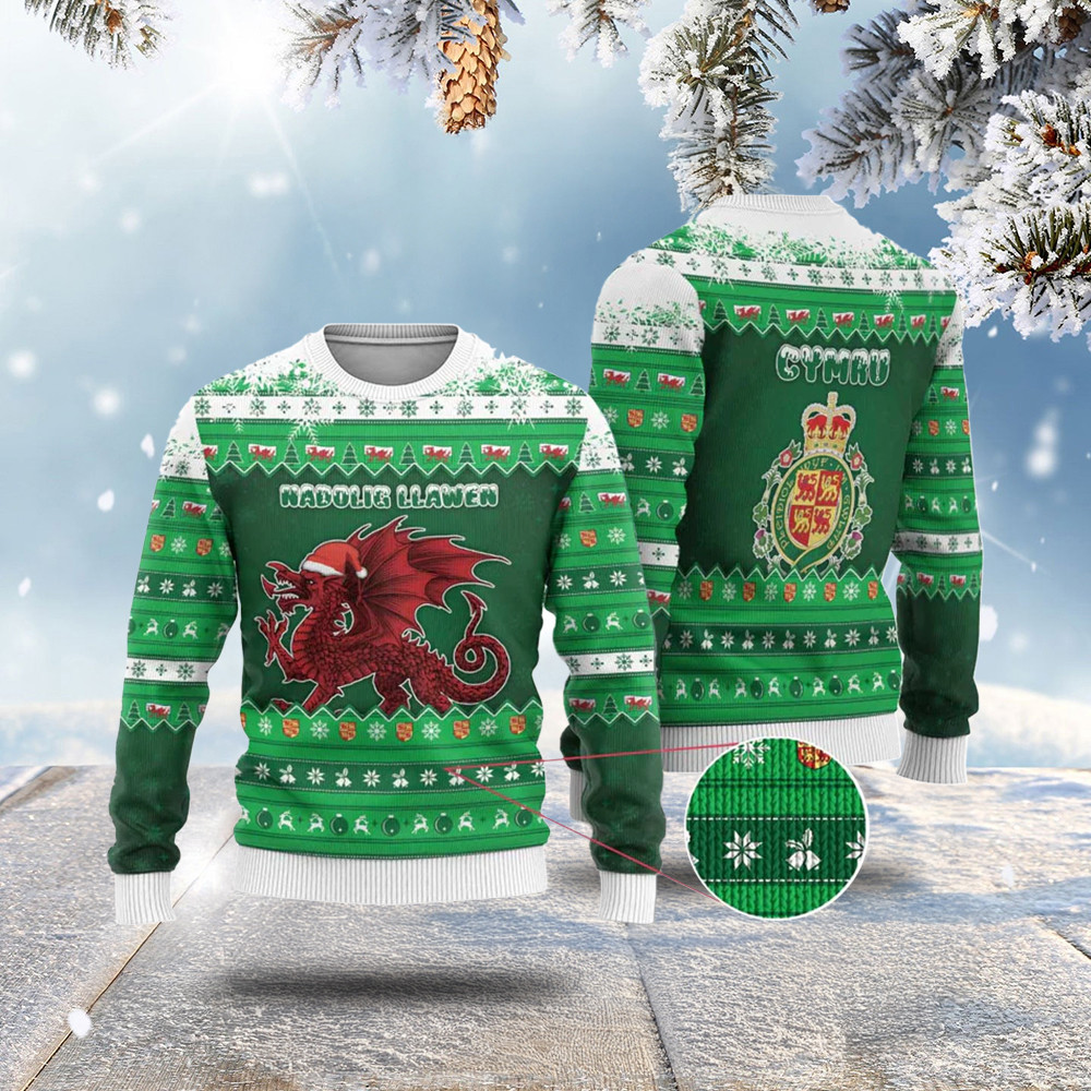 Wales Christmas Ugly Christmas Sweater Cymru Dragon Nadolig Llawen