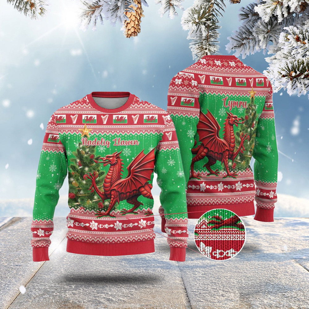 Wales Christmas Ugly Christmas Sweater Welsh Dragon Nadolig Llawen