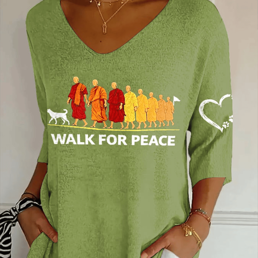 Walk For Peace Aloka Dog V-Neck Long Sleeve Shirt Buddhist Monks Clothing Spiritual Gifts