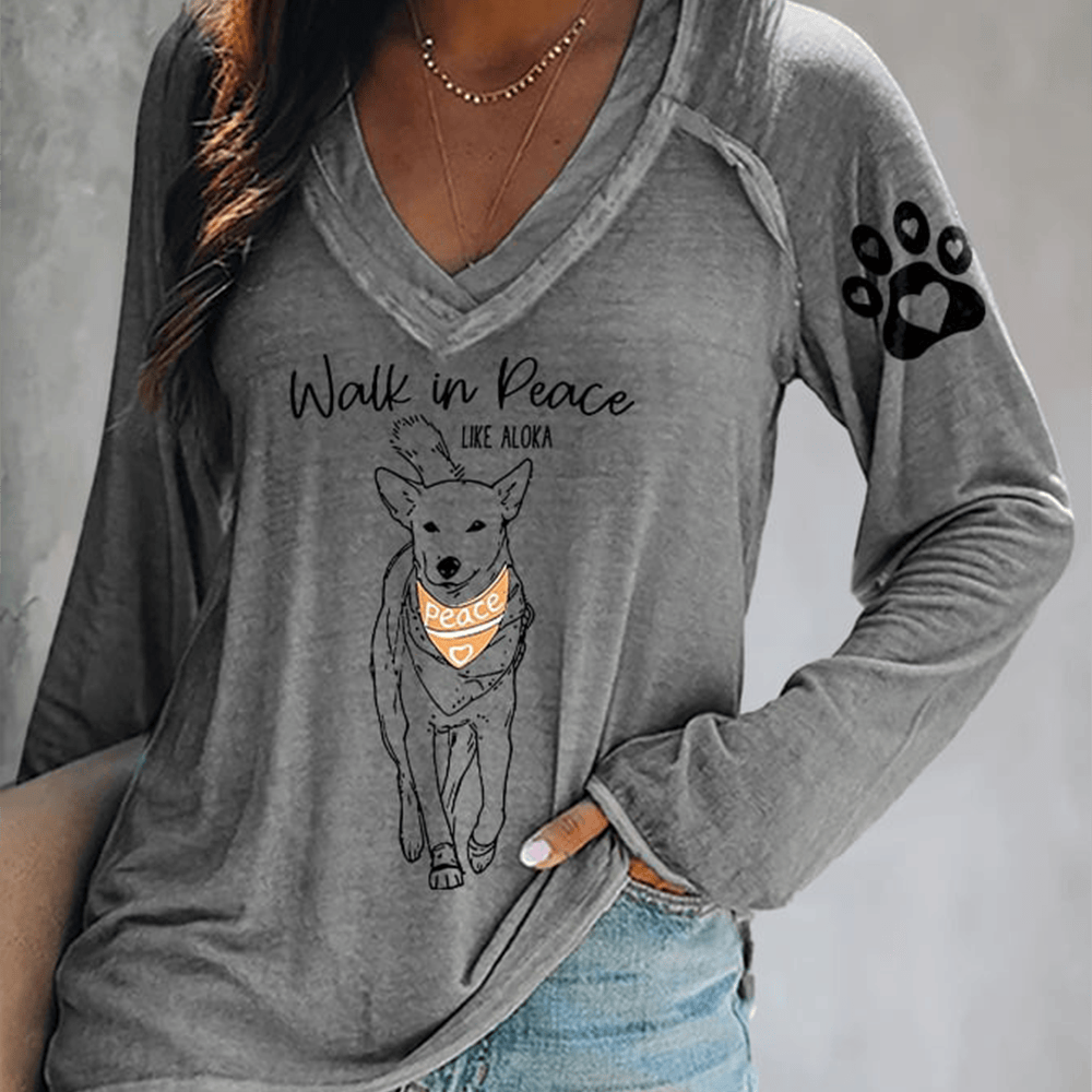 Walk For Peace Aloka Dog V-Neck Long Sleeve Shirt Buddhist Monks Trendy Spiritual Apparel Gifts