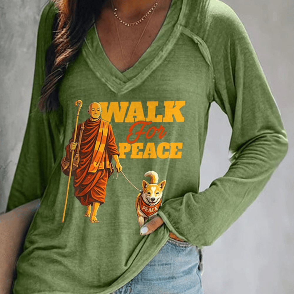 Walk For Peace Aloka Dog V-Neck Long Sleeve Shirt Trendy Spiritual Apparel Present For Buddhist