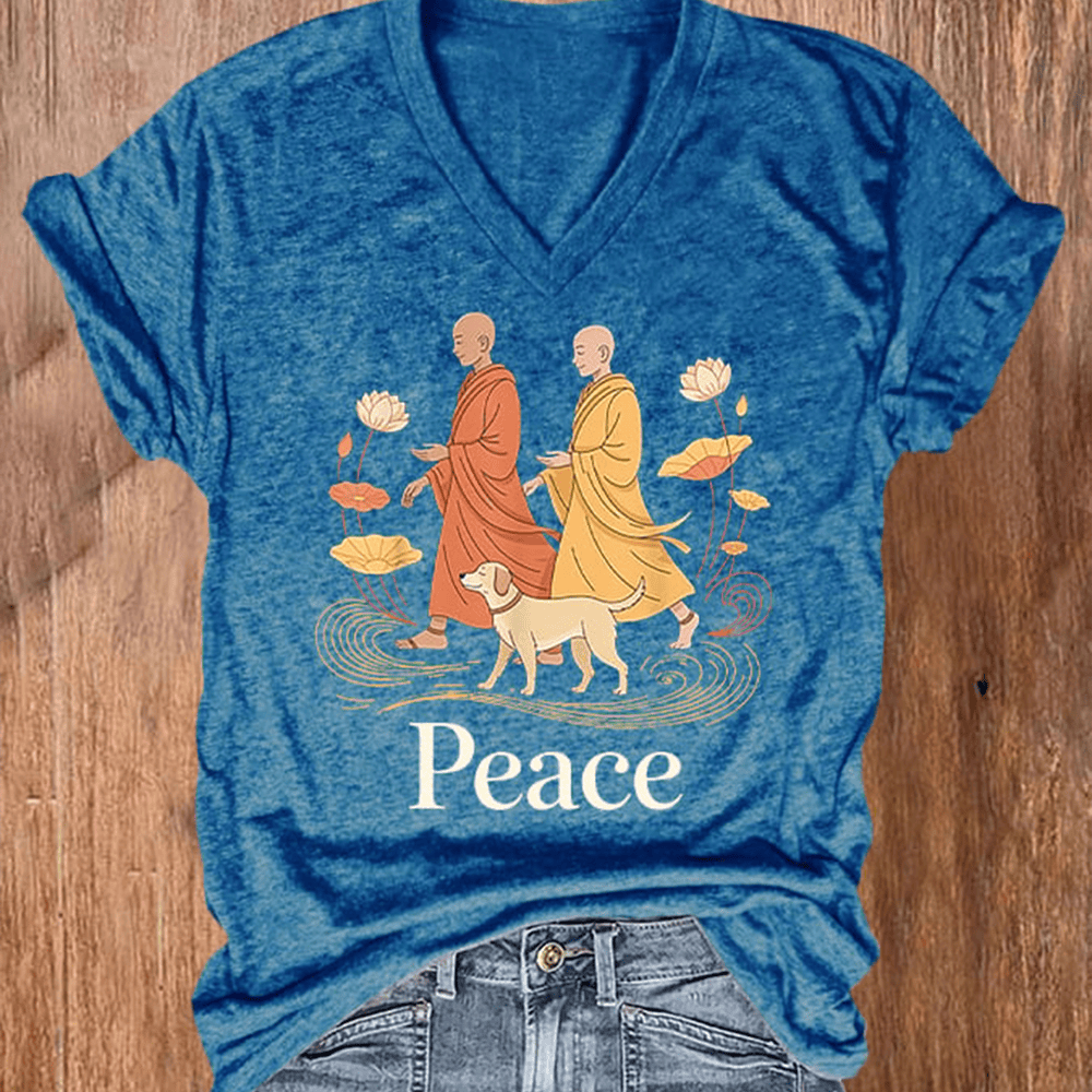 Walk For Peace Aloka V-Neck Shirt Peace Walking Monks With Aloka Dog Story Of Aloka Clothes