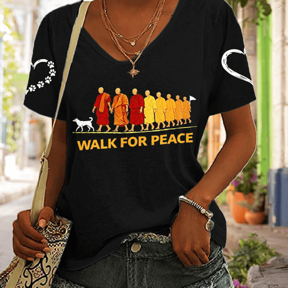 Walk For Peace Buddhist Monks V-Neck Shirt Walk For Peace Rescue Dog Shirt Gift For Enthusiasts