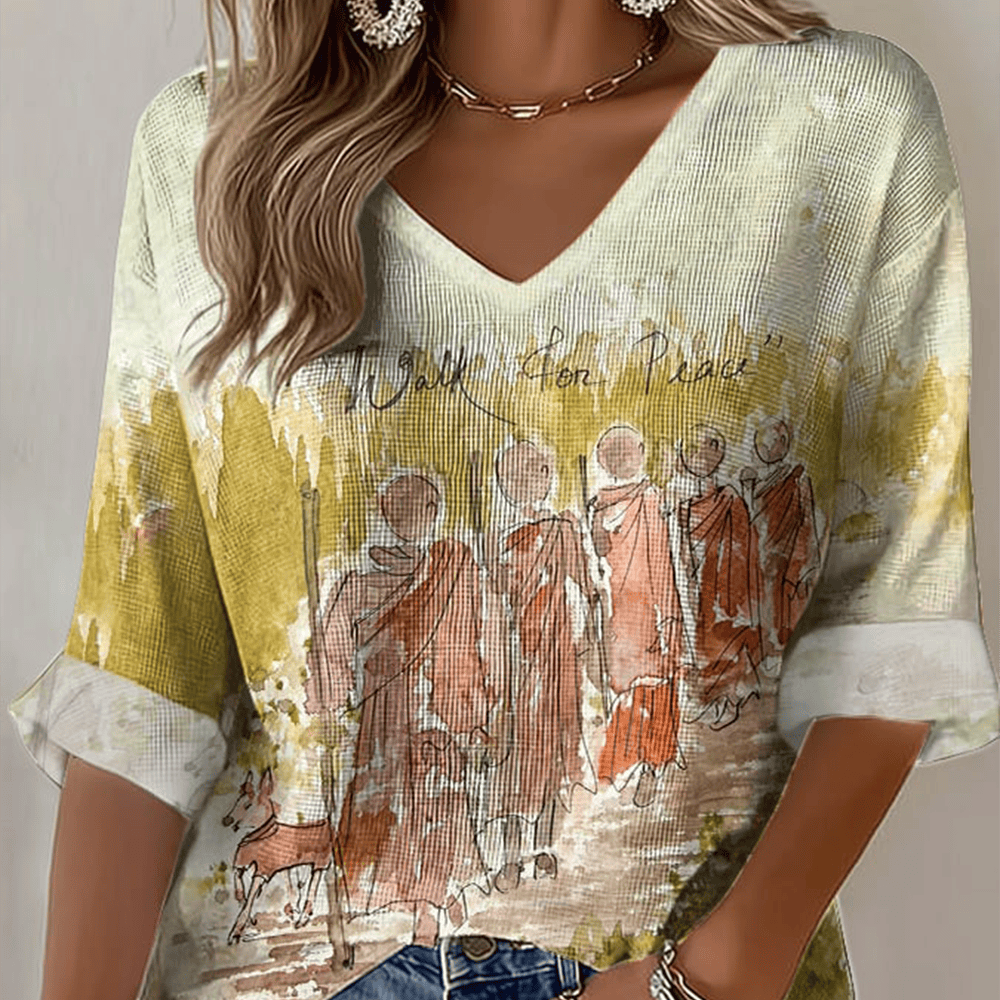 Walk For Peace Buddhist Monks Vintage V-Neck Long Sleeve Shirt Walk For Peace Merch