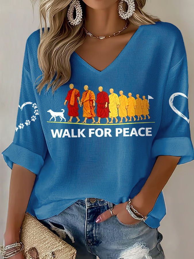 Walk For Peace Monks With Aloka Dog Long Sleeve V-Neck Shirt Aloka The Peace Dog Merch Women