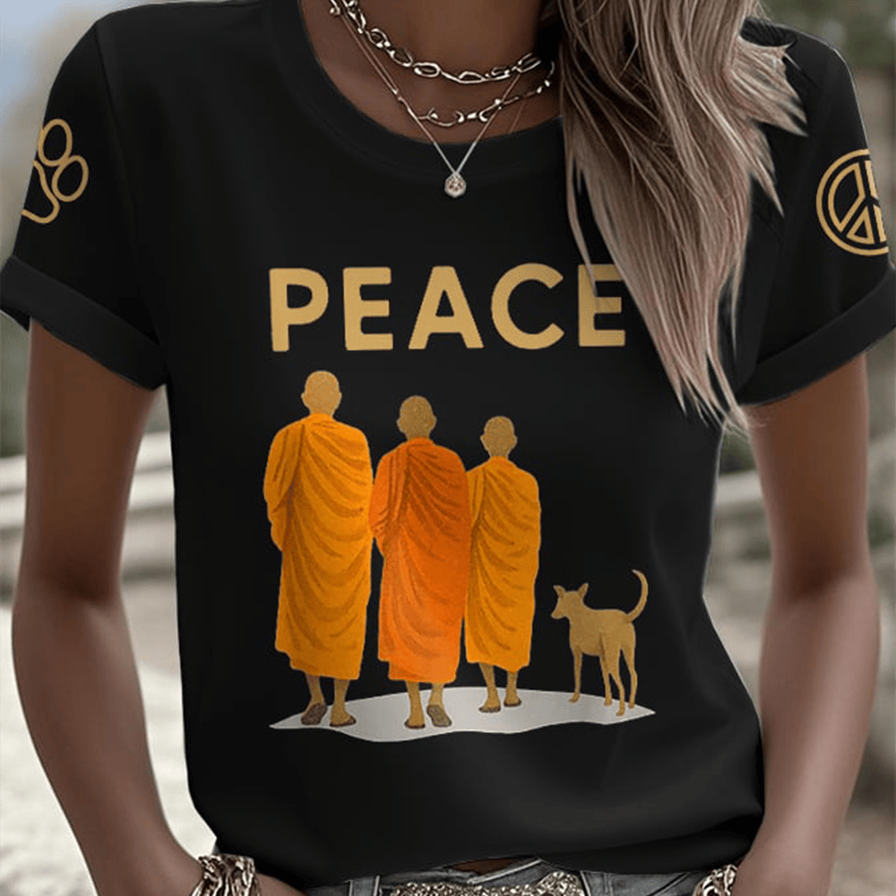 Walk For Peace Monks With Aloka Dog T-Shirt Buddhist Monks Rescue Dog Shirt Trendy Clothing