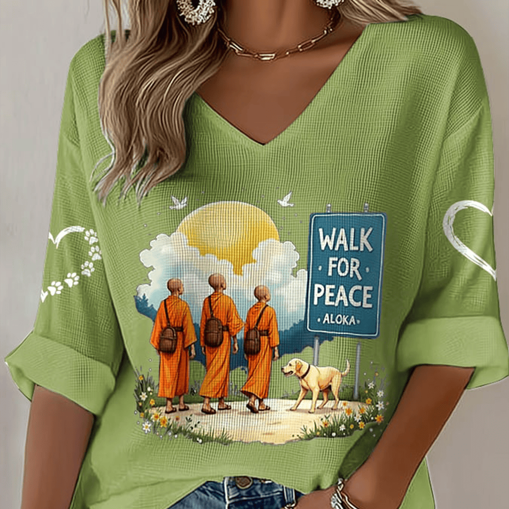 Walk For Peace Monks With Aloka Dog V-Neck Long Sleeve Shirt Buddhist Monks Clothing Gift For Her