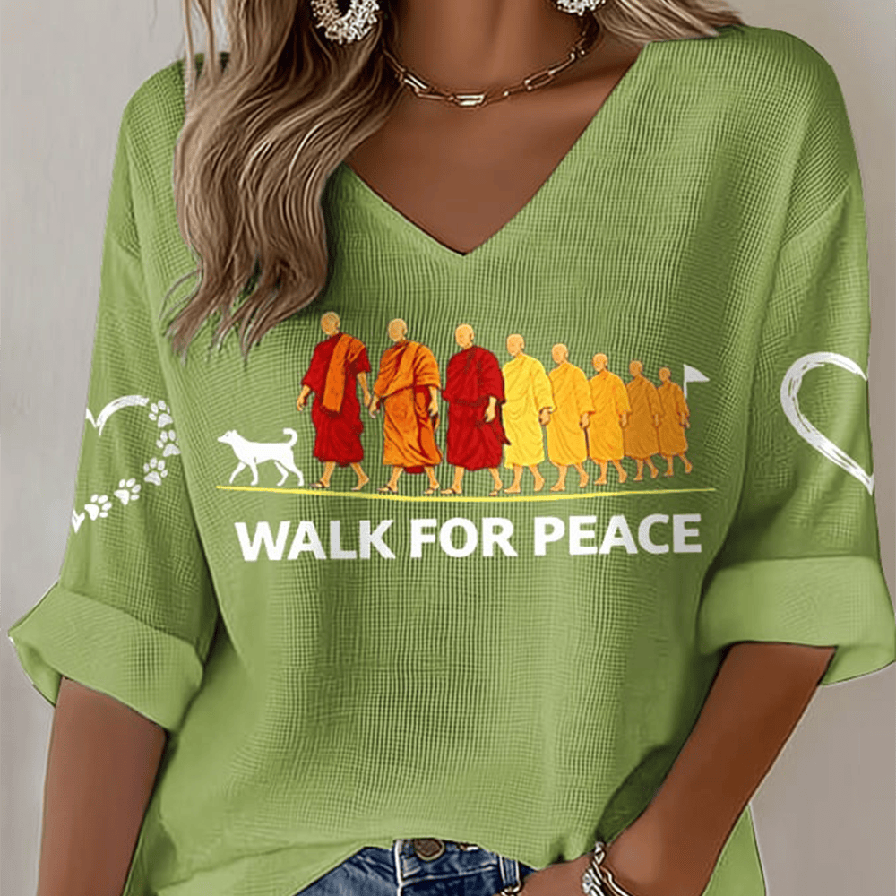 Walk For Peace Monks With Aloka Dog V-Neck Long Sleeve Shirt Trendy Spiritual Apparel