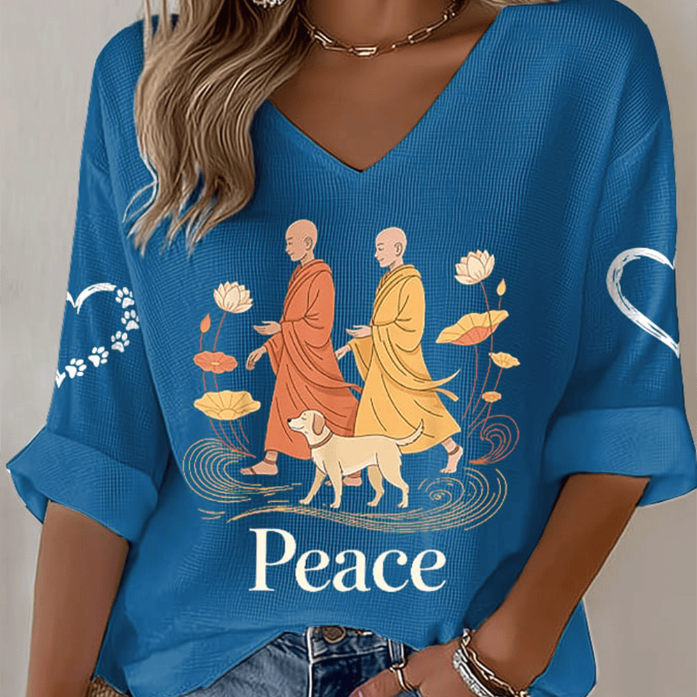 Walk For Peace Monks With Aloka Dog V-Neck Long Sleeve Shirt Walk For Peace Merchandise