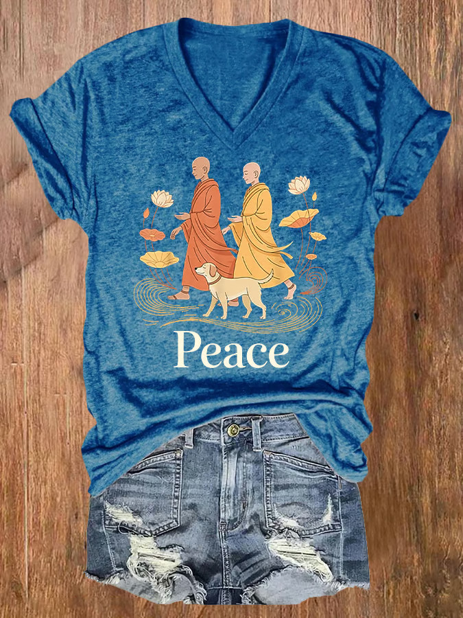 Walk For Peace Monks With Aloka Dog V-Neck Shirt Aloka The Peace Dog Merch Gifts For Mom