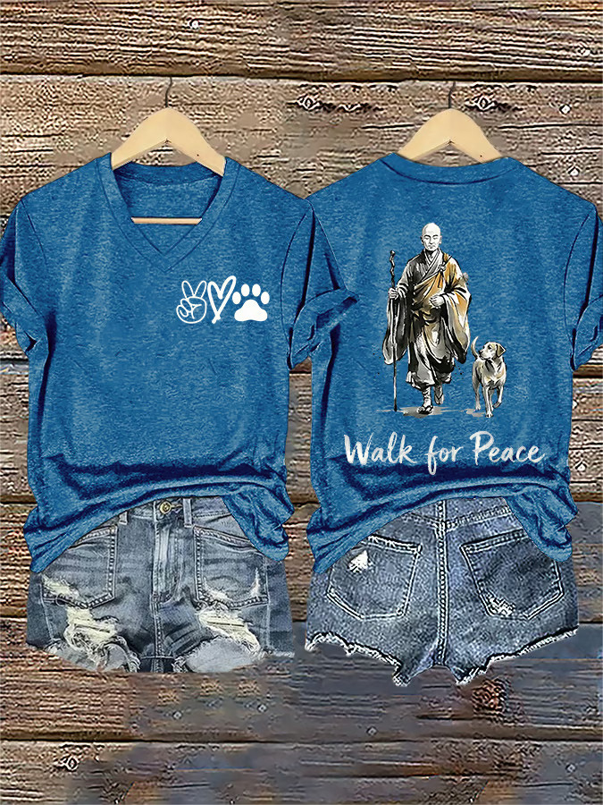Walk For Peace Monks With Aloka Dog V-Neck Shirt Aloka The Peace Dog Merch Meditation Gifts