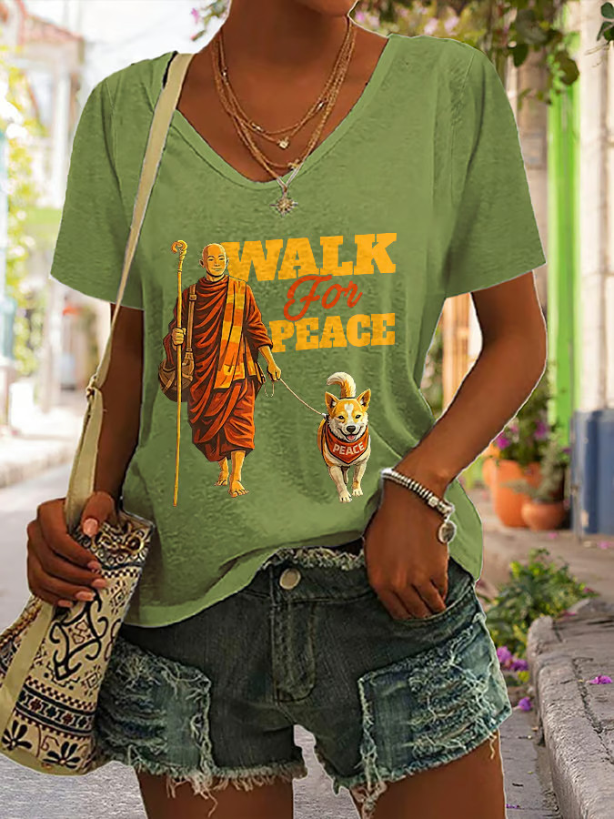 Walk For Peace Monks With Aloka Dog V-Neck Shirt Aloka The Peace Dog Merch Mindfulness Shirt