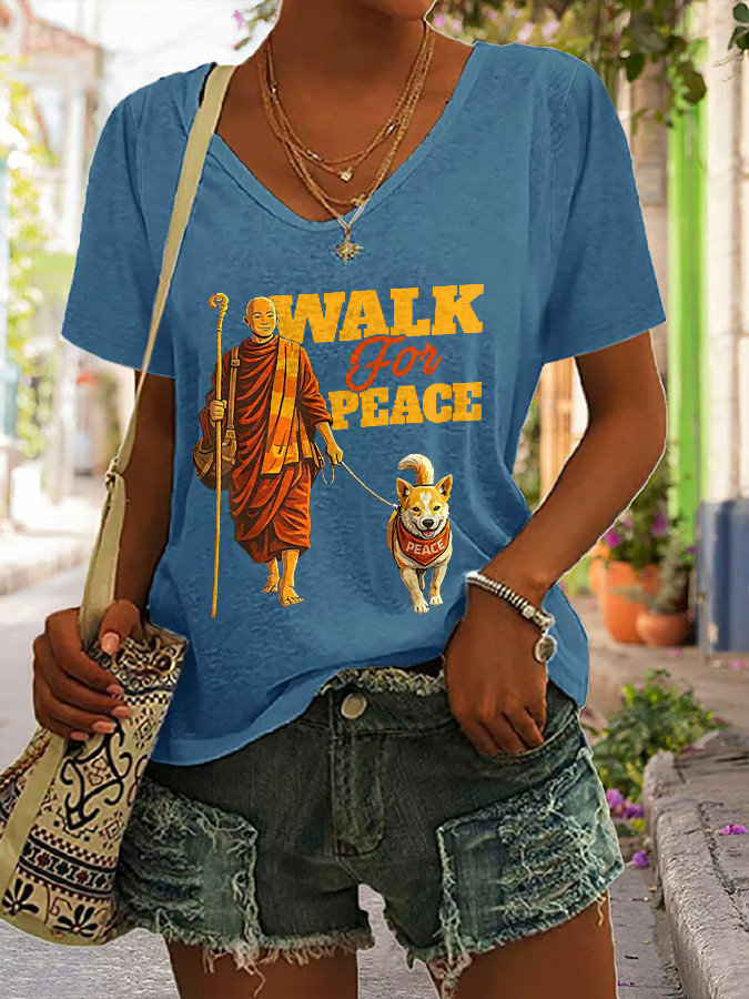 Walk For Peace Monks With Aloka Dog V-Neck Shirt Aloka The Peace Dog Merch Mindfulness Shirt