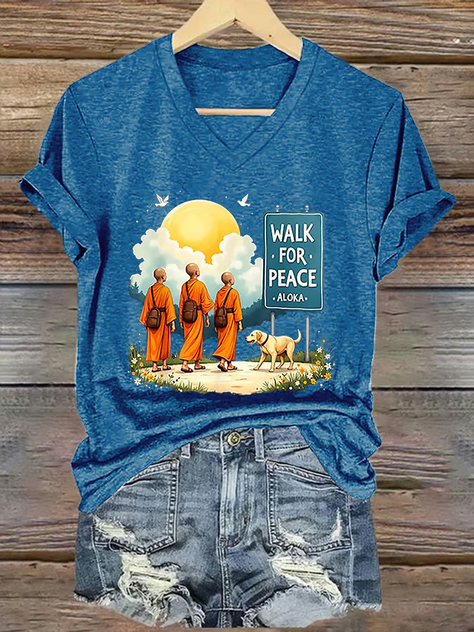 Walk For Peace Monks With Aloka Dog V-Neck Shirt Aloka The Peace Dog Merch Walk For Peace Shirt