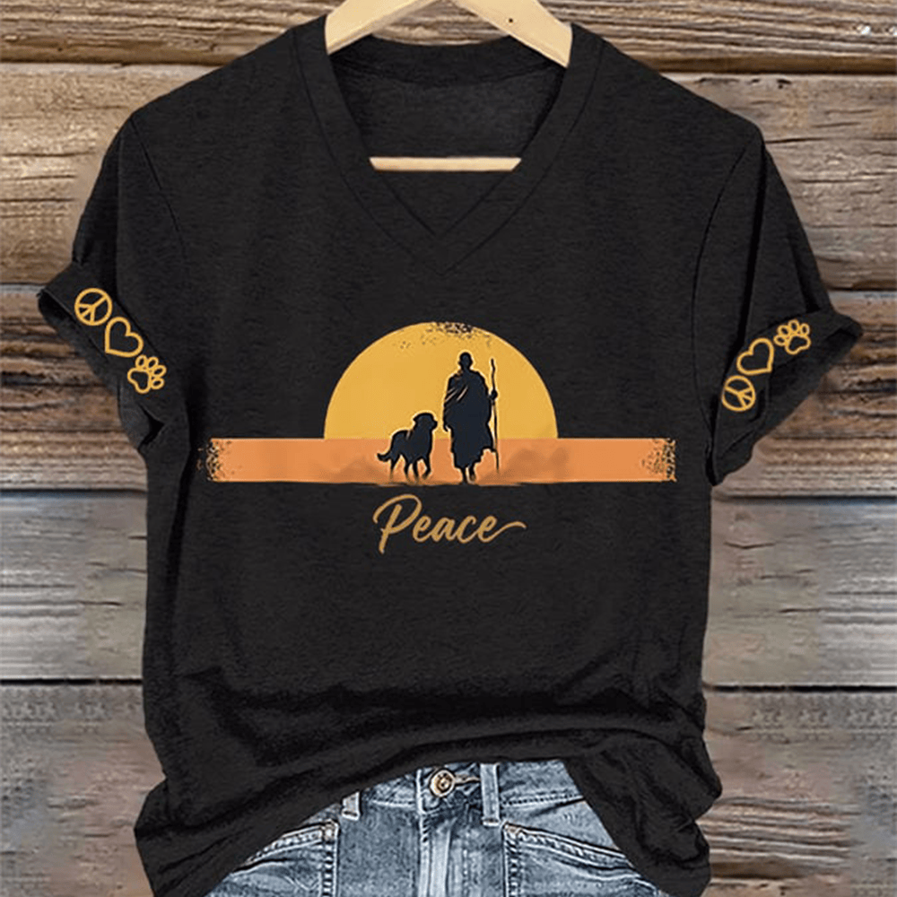 Walk For Peace Monks With Aloka Dog V-Neck Shirt Peace Walking Monks With Aloka Dog Shirt