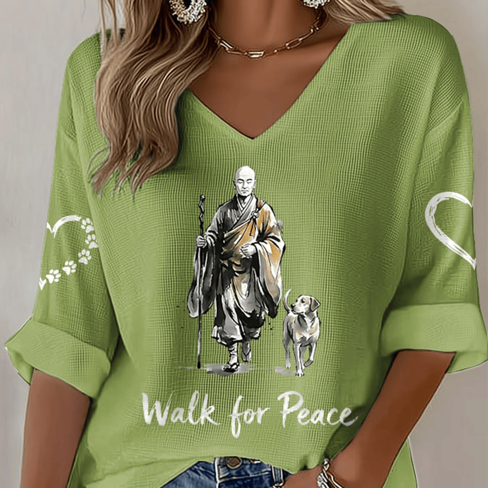Walk For Peace Rescue Dog V-Neck Long Sleeve Shirt Monks Aloka Clothing Buddhist Gifts
