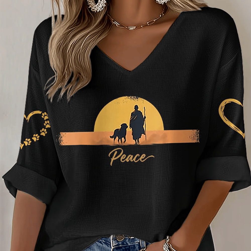 Walk For Peace V-Neck Long Sleeve Shirt Buddhist Monks Trendy Spiritual Apparel Gift For Wife