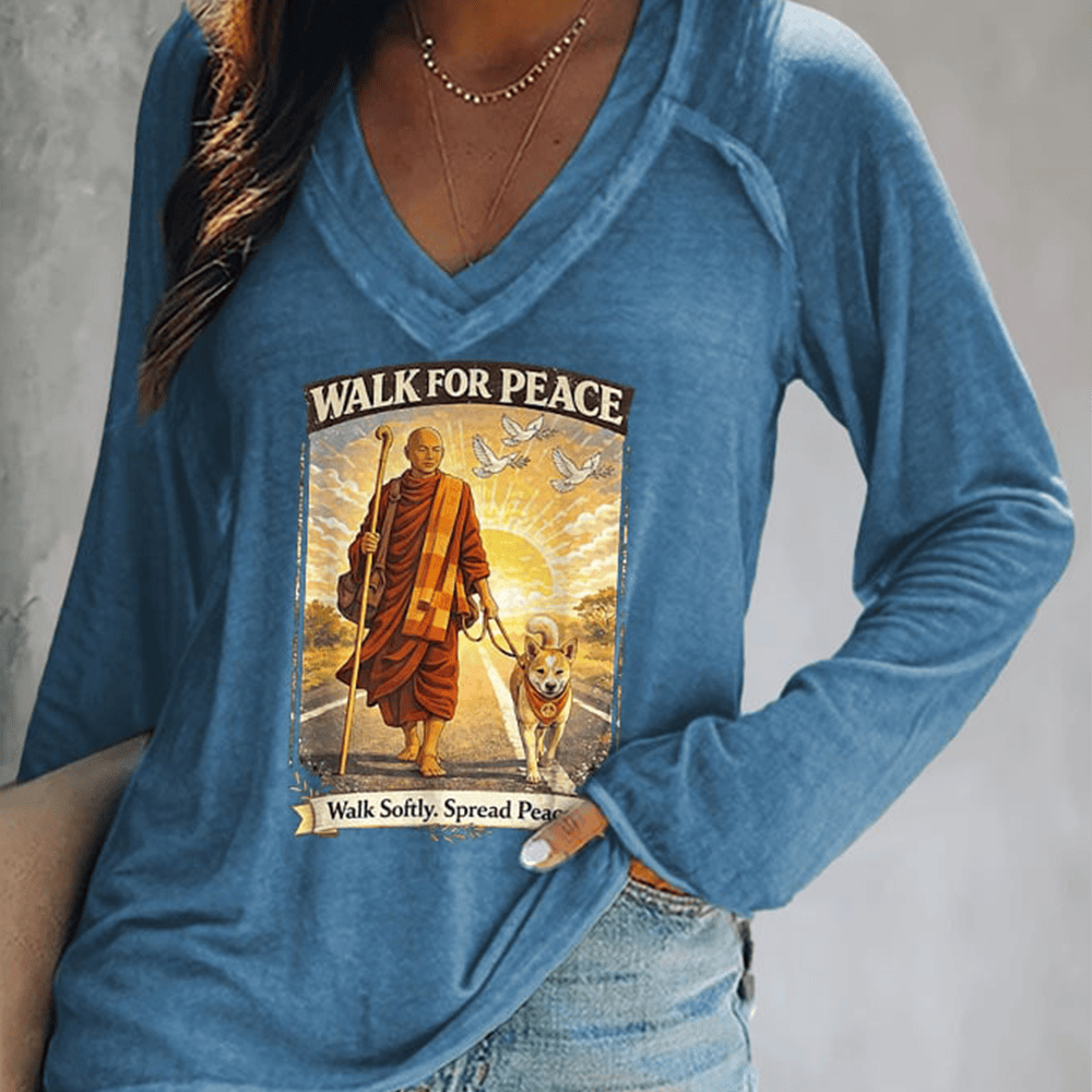 Walk For Peace With Aloka Dog Buddhist Monks V-Neck Long Sleeve Trendy Spiritual Apparel