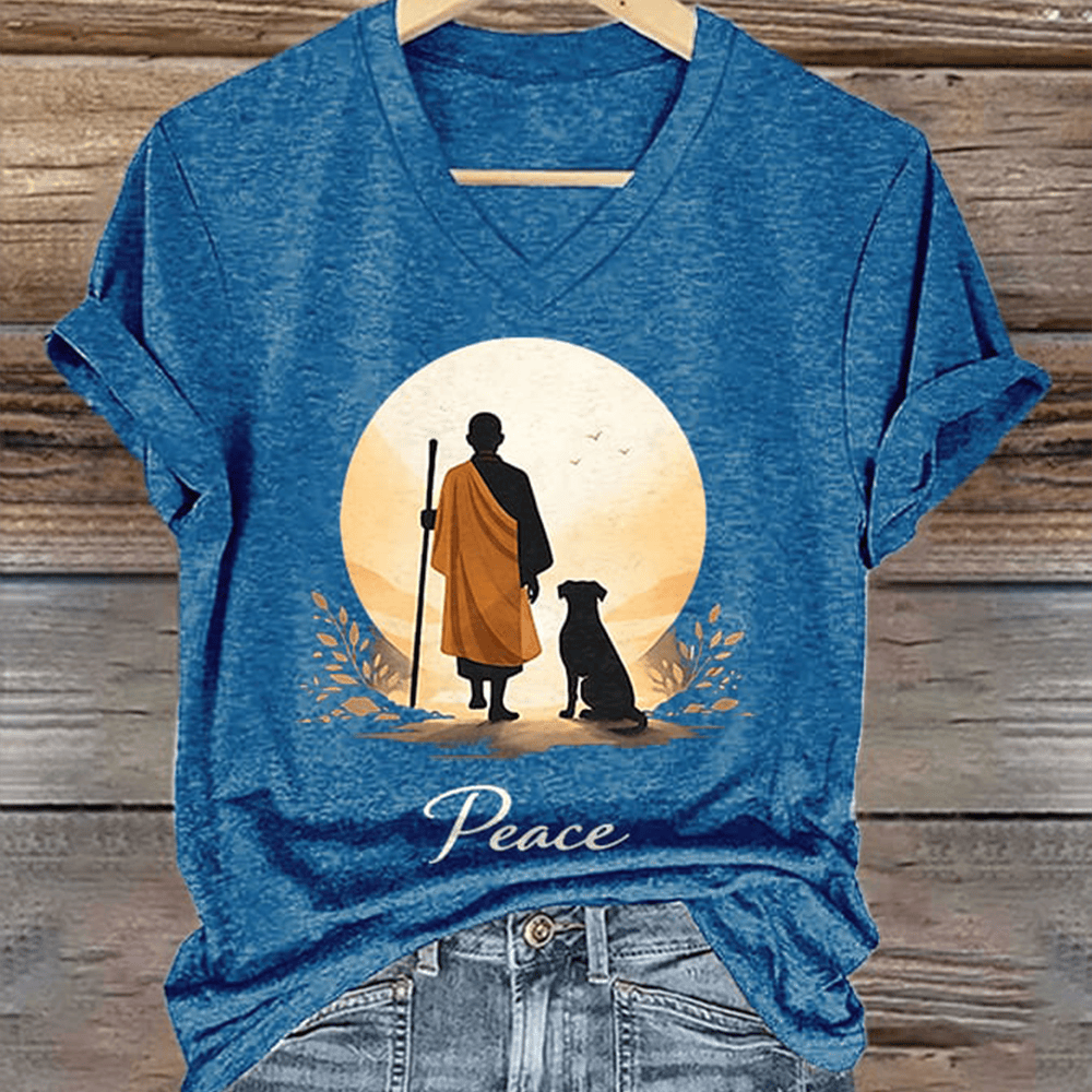Walk For Peace With Aloka Dog Buddhist Monks V-Neck Shirt Monks Aloka Shirt Gift For Her