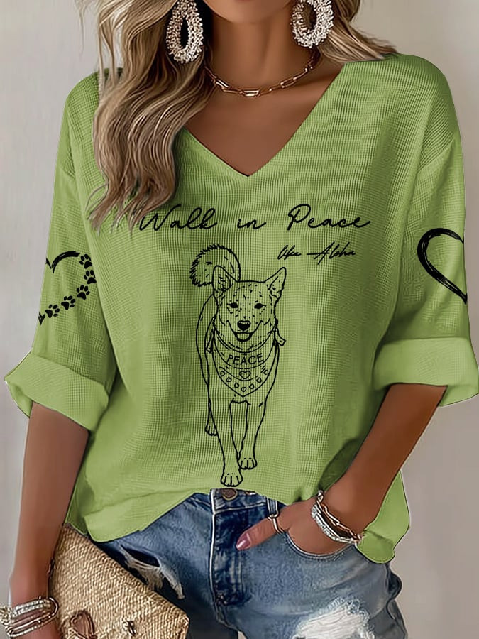 Walk In Peace Like Aloka Dog Long Sleeve V-Neck T-Shirt Aloka The Peace Dog Merch Zen Monks Shirt