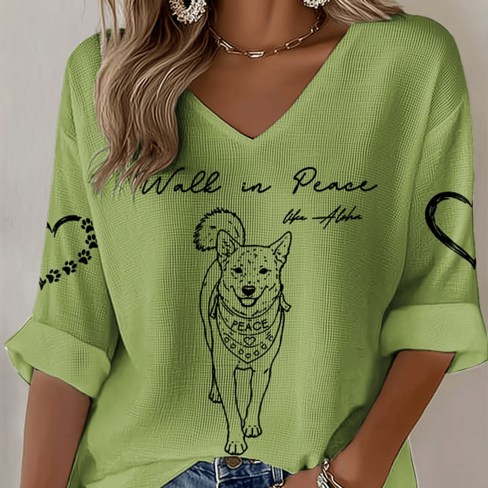 Walk In Peace Like Aloka Dog V-Neck Long Sleeve Shirt Trendy Spiritual Apparel Girlfriend Gift Ideas